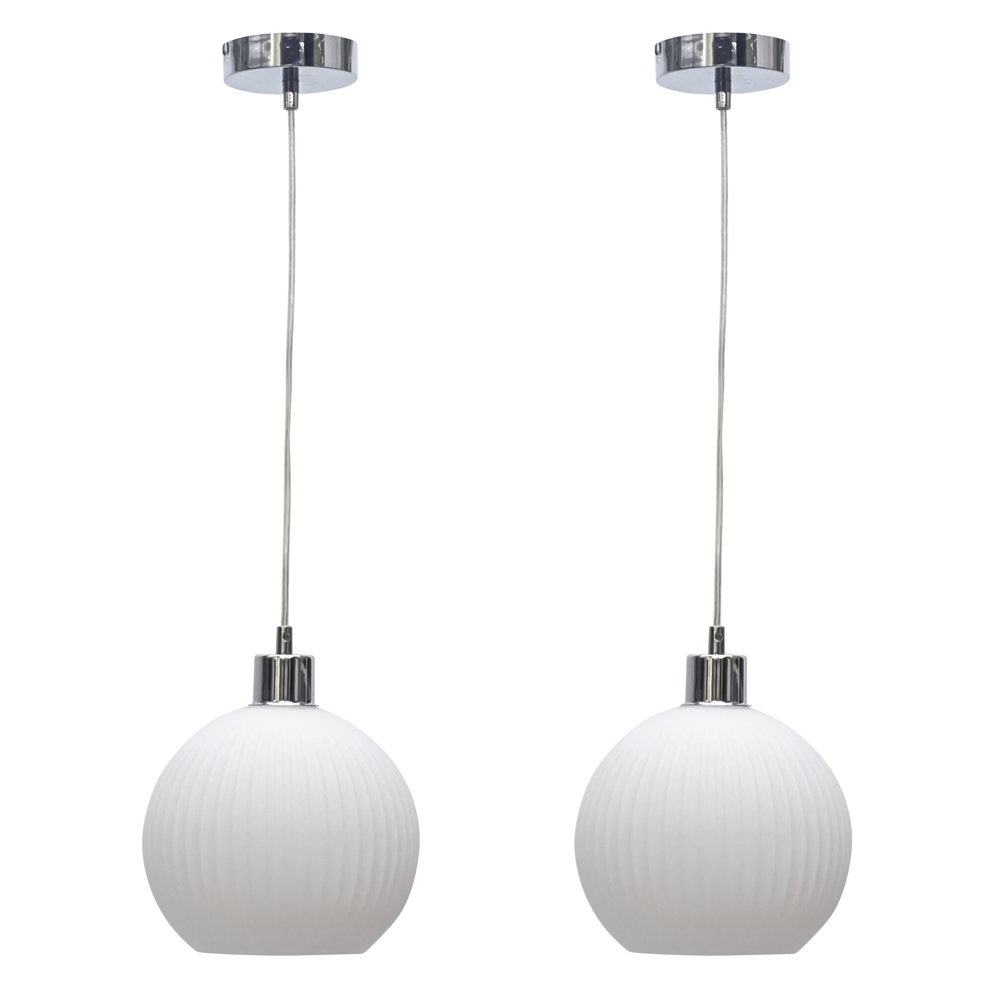 Set of 2 Betchley - White Ribbed Glass Globe with Chrome Pendants White White glass with polished chrome plate detail Small 2
