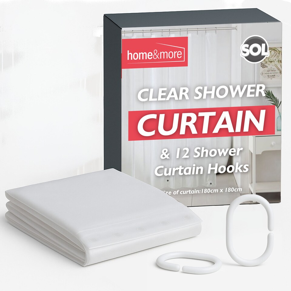 image 1 of Clear Shower Curtain 180x180cm with 12 Hooks Waterproof Plastic Bath Liner with Rust Proof Grommets Anti Mould and Easy to Install