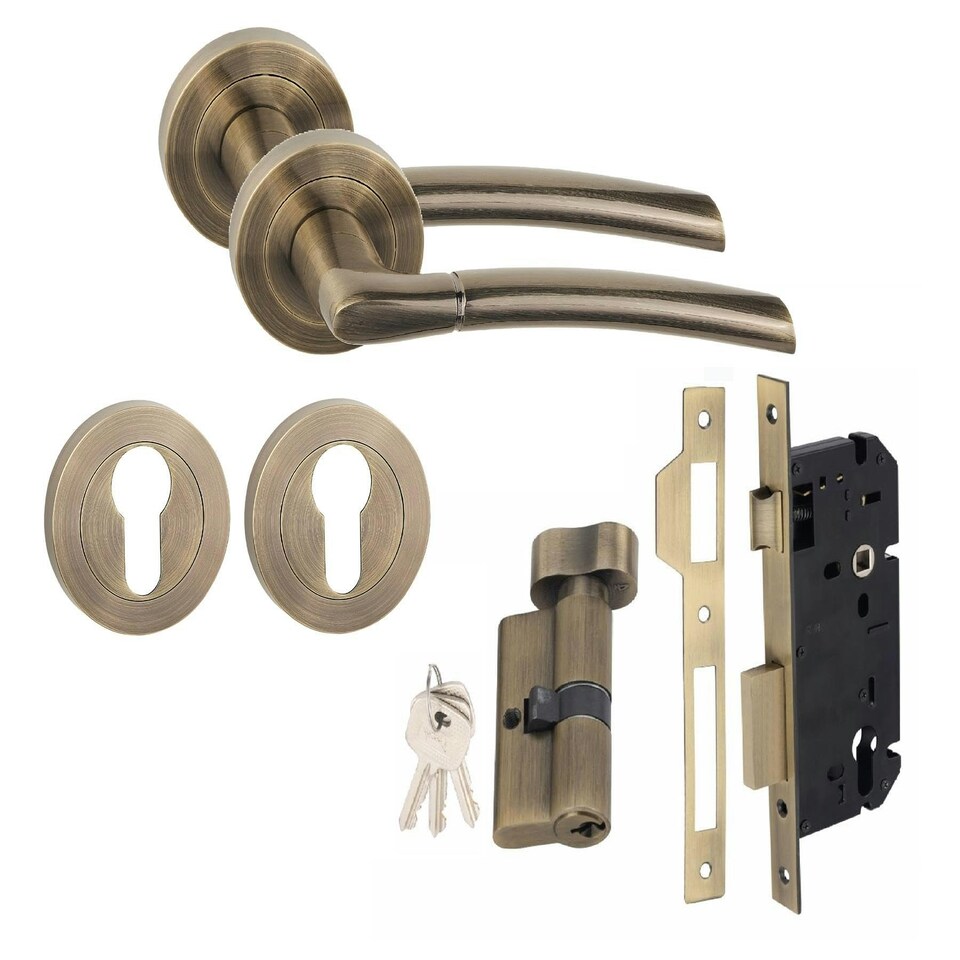image 1 of Golden Grace Indiana Design Door Handle Set in Antique Brass with Thumbturn and Euro 70mm Lock Bronze