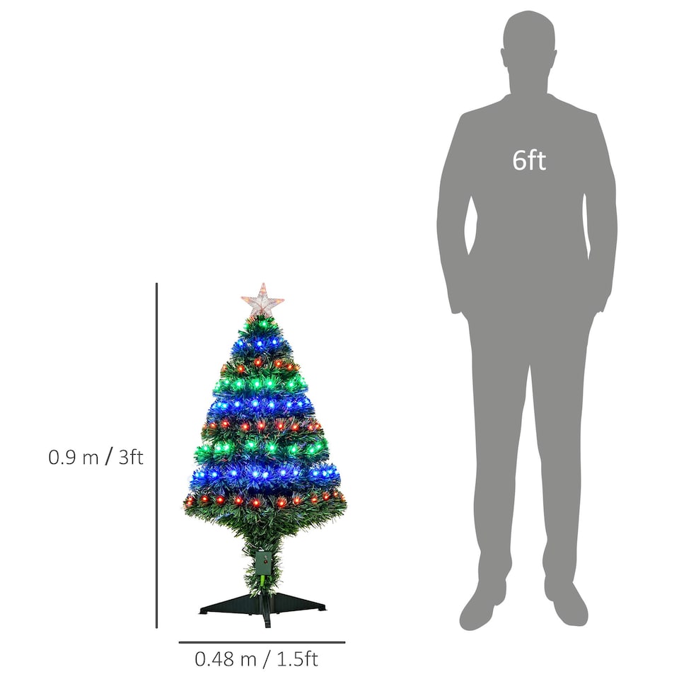 image 1 of HOMCOM 3FT Prelit Artificial Christmas Tree Fiber Optic Xmas Decoration, Green