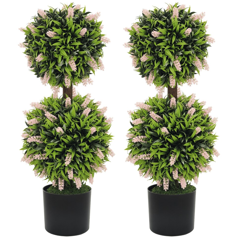 image 1 of HOMCOM Set of 2 Decorative Artificial Plants Ball Trees with Lavender Flowers in Pot Fake Plants for Home Indoor Outdoor Decor, 70cm, Pink