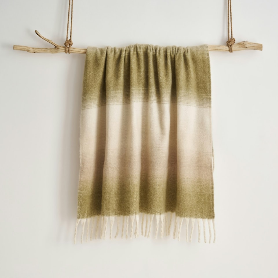 image 1 of Ombre Faux Mohair Throw - Soft, Stylish, Fringed Blanket Green
