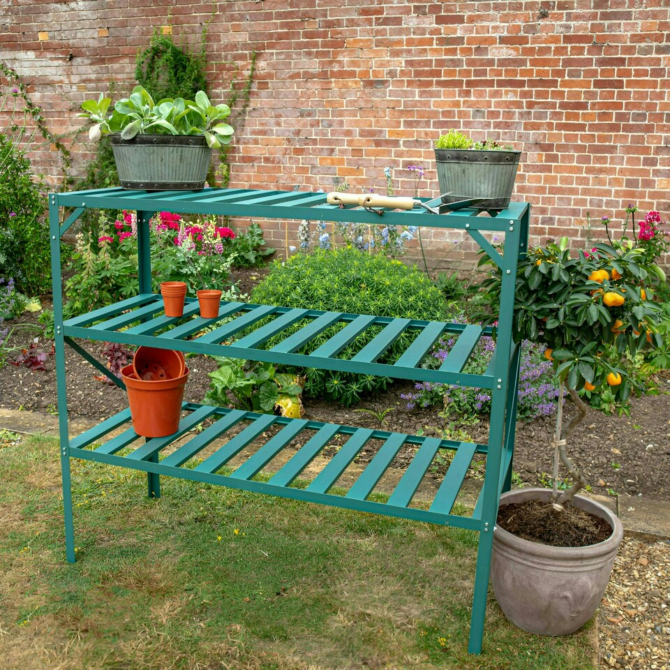 image 1 of Lacewing Twinpack Traditional 3 Tier Greenhouse Staging Shelving Bench in Green 126cm