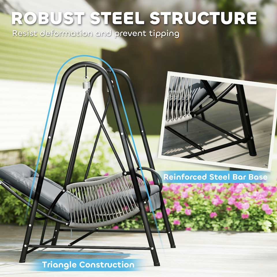 image 1 of Outsunny Rattan Swing Chair with Stand and Seat Cushion Grey | Light Grey