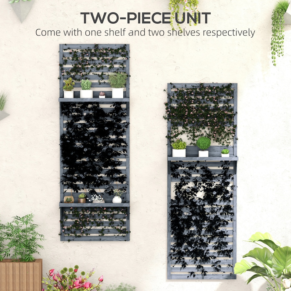 image 1 of Outsunny Wall Mounted Plant Stands Set of 2 with Shelves and Slatted Trellis