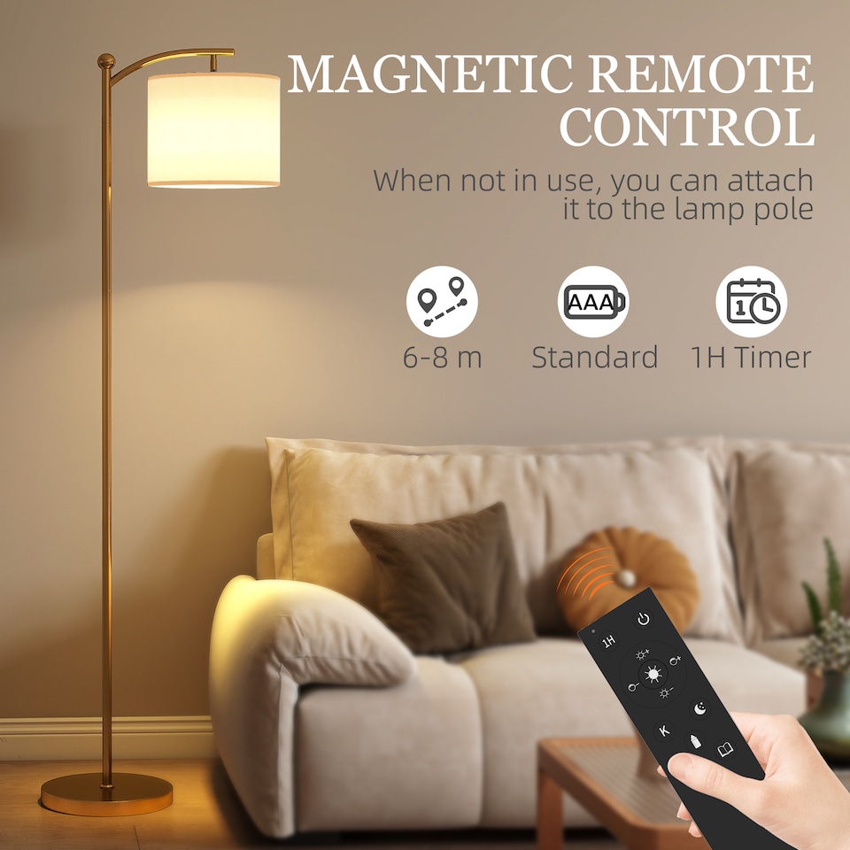 image 1 of HOMCOM LED Floor Lamp with Dimmable Colours Temperature & Brightness, Gold | Gold | Gold Tone