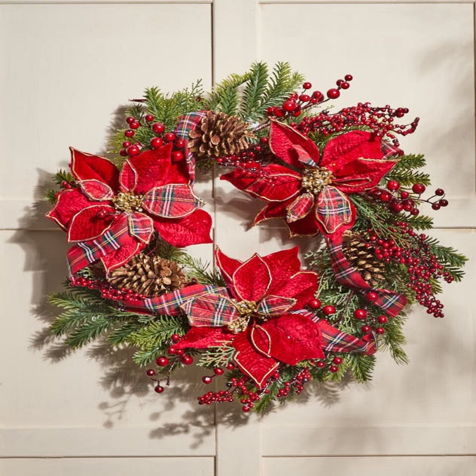 image 1 of Red Tartan Poinsettia Wreath 58cm