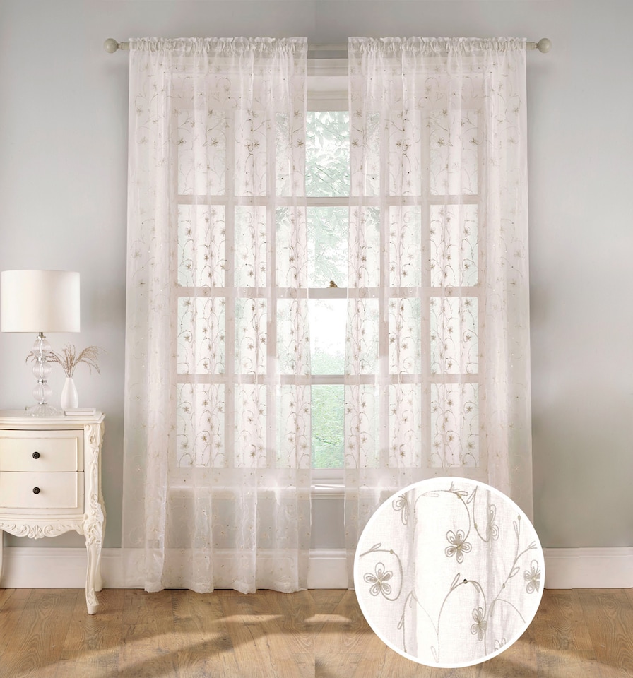image 1 of Pair of Belle Cream Sheer Floral Embroidery Voile Panels with Rod Pocket Header 229 CMS