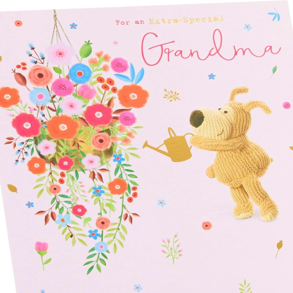 image 1 of Boofle Holding A Watering Can Watering A Hanging Basket Grandma Mother's Day Card