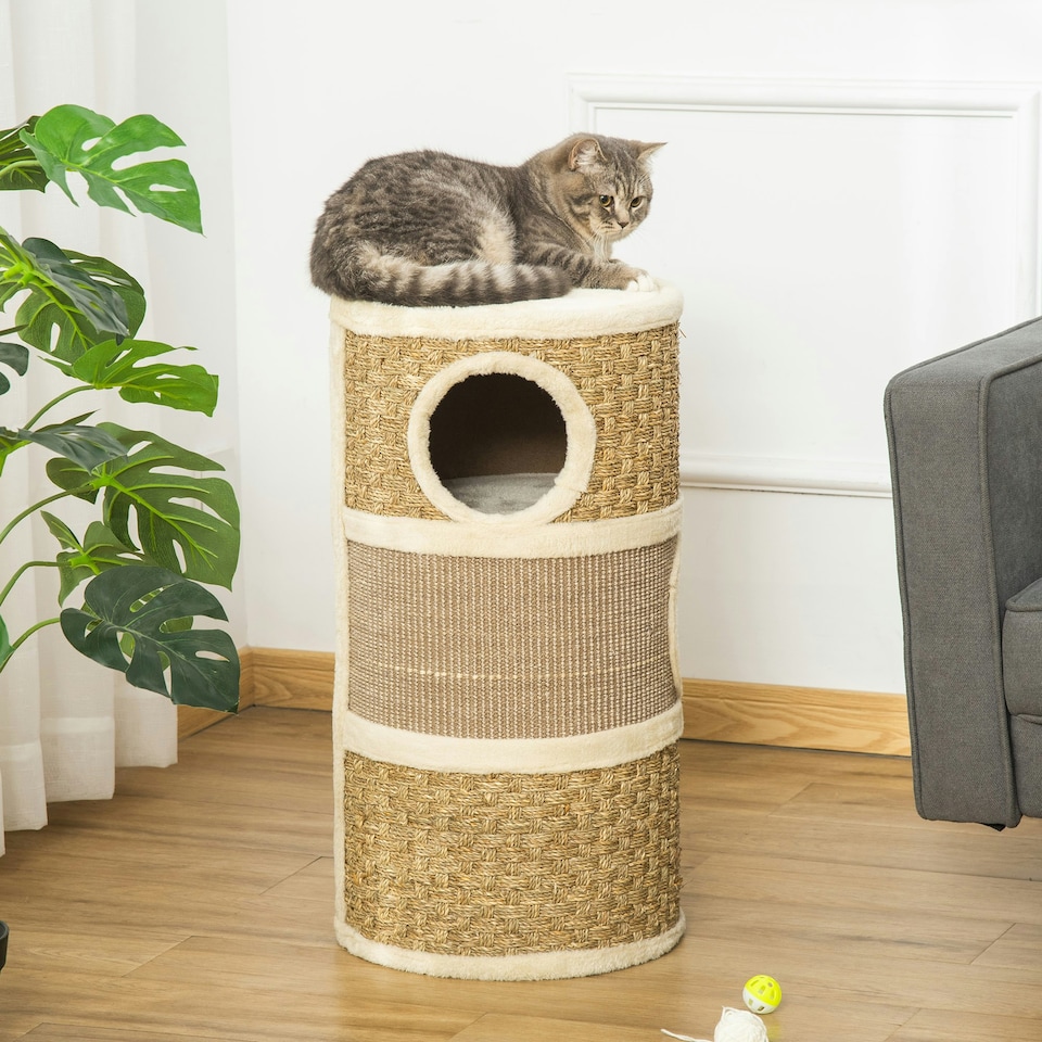 image 1 of PawHut Cat Scratching Barrel Pet Furniture Sisal Plushfor Indoor Cats, Khaki