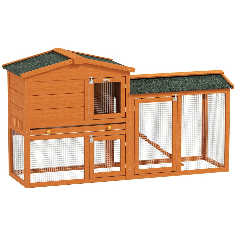 image 1 of PawHut Rabbit Hutch, Guinea Pig Hutch 2 Tier w/ Run & Tray, Asphalt Roof