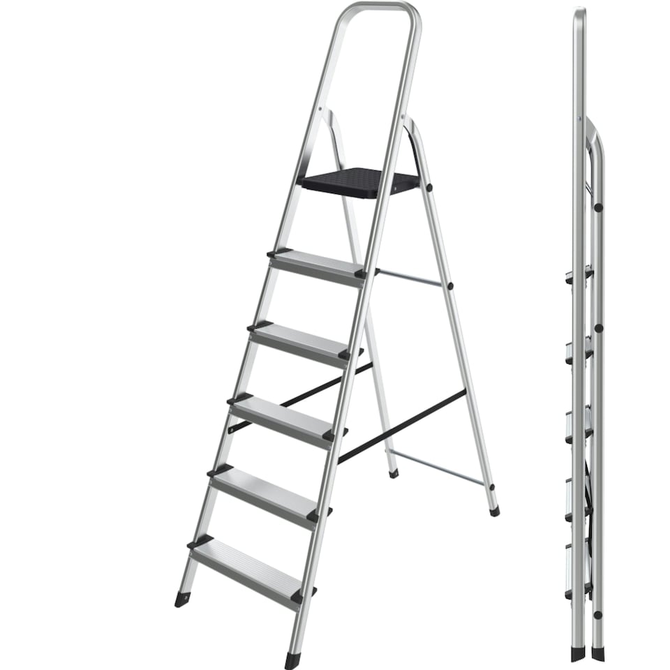 image 1 of Lightweight Step Ladders - Compact Aluminium Stepladder with Non-Slip Wide Step, Portable Silver Color - Tall Folding Ladder with Platform Silver | 6 - Step 181 cm