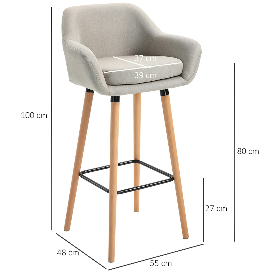image 1 of HOMCOM 2 PCs Upholstered Bucket Seat Bar Stools w/ Solid Wood Legs Beige