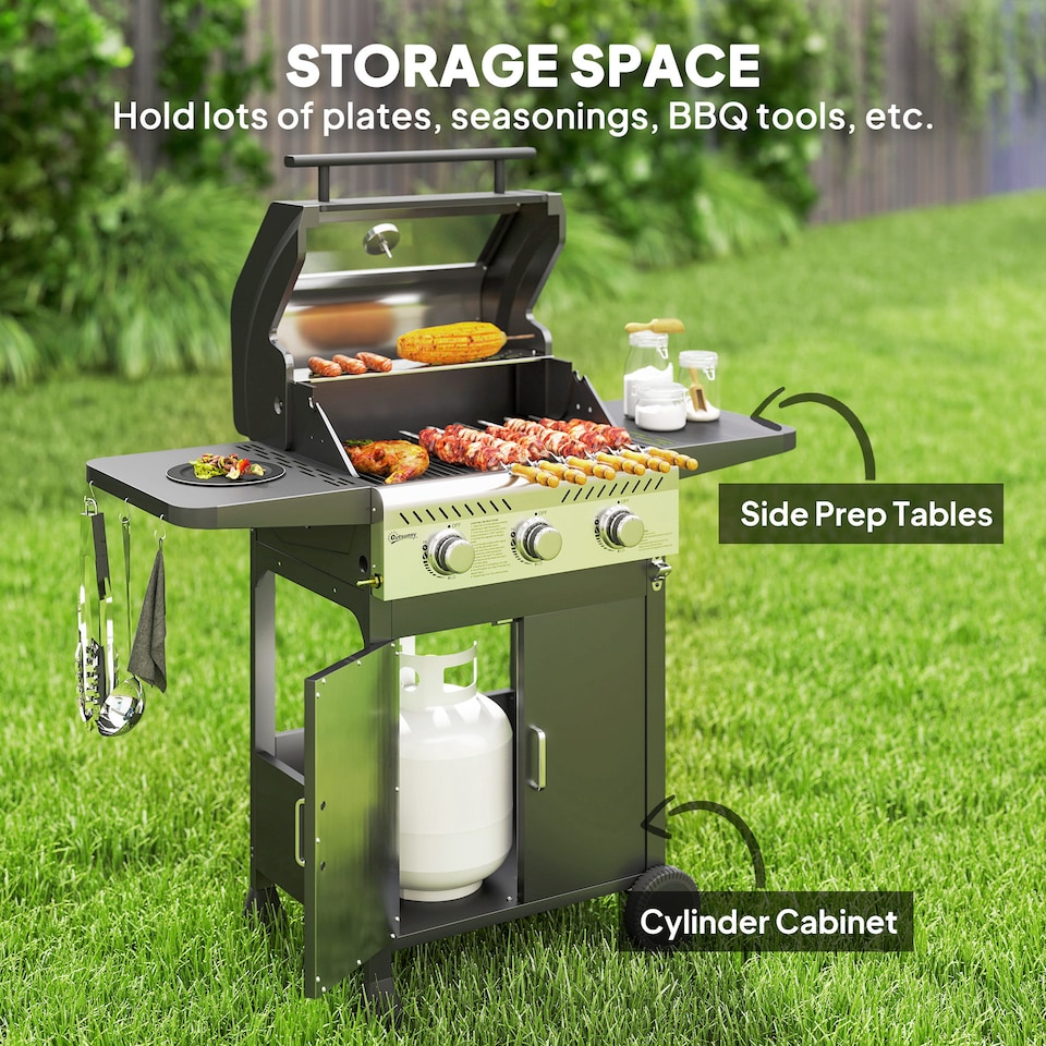 image 1 of Outsunny 3 Burner Propane Gas BBQ Grill with See-through Lid and Thermometer