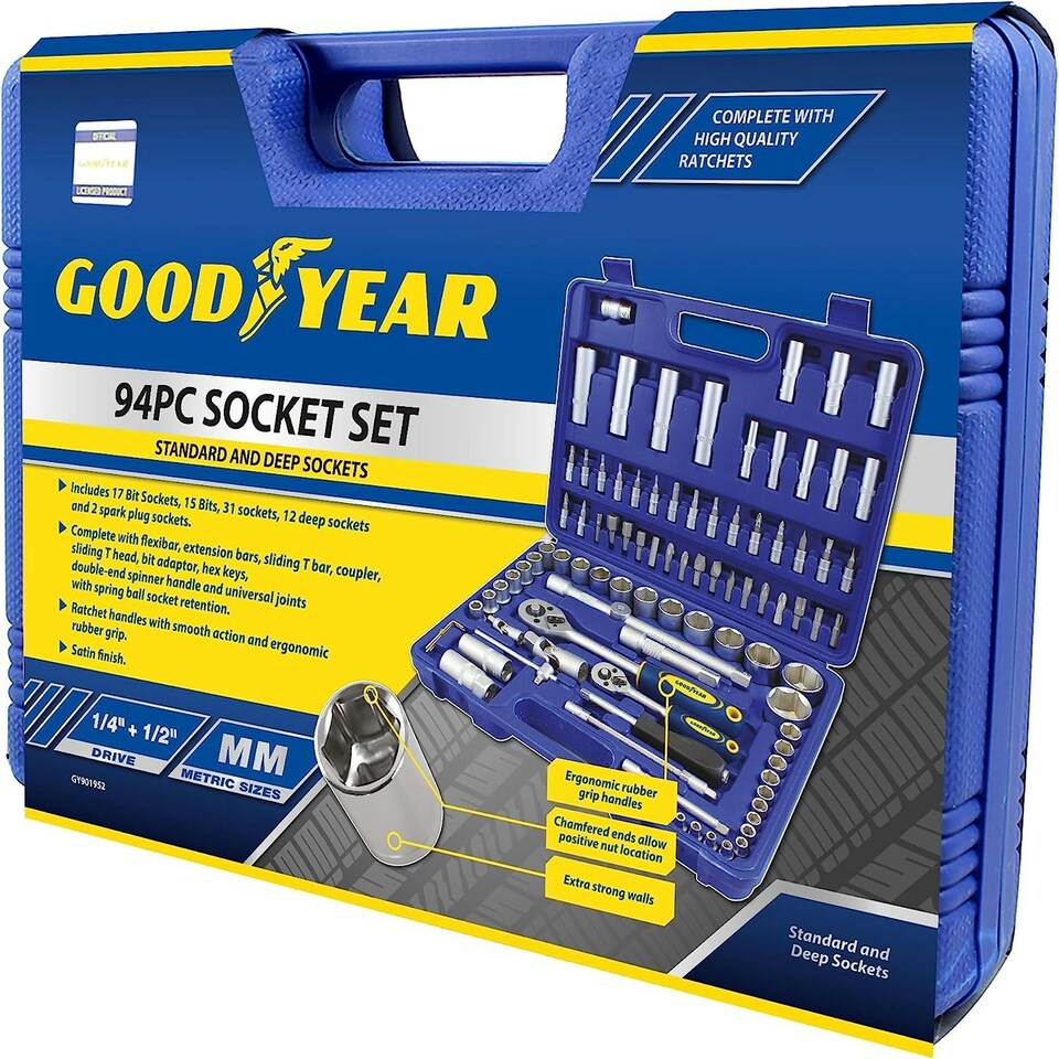 image 1 of Goodyear 94PC 1/2" 1/4" Socket Set & Screwdriver Bit Torx Ratchet Case Tool Kit