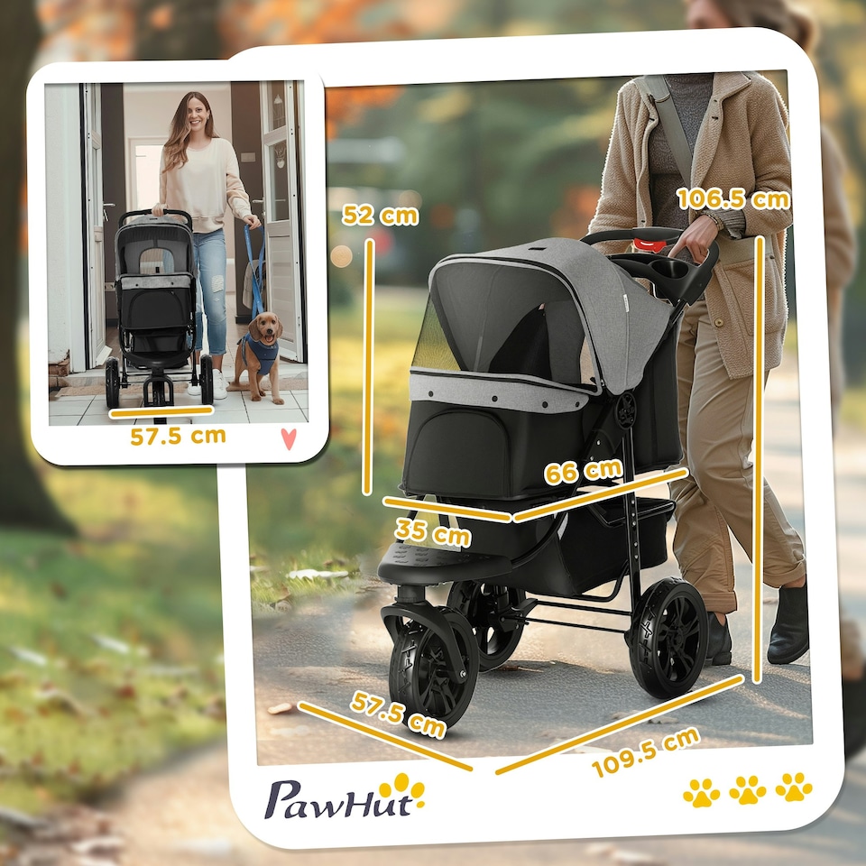 image 1 of PawHut Folding 3 Wheel Pet Stroller Travel Adjustable Canopy Storage Brake Grey