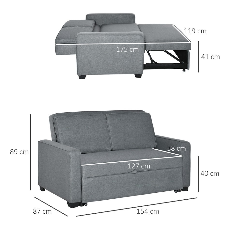 image 1 of HOMCOM 2 Seater Pull Out Sofa Bed, Fabric Click Clack Sofa Bed with Wood Legs, Convertible Sleeper Couch for Living Room, Guest Room, Grey