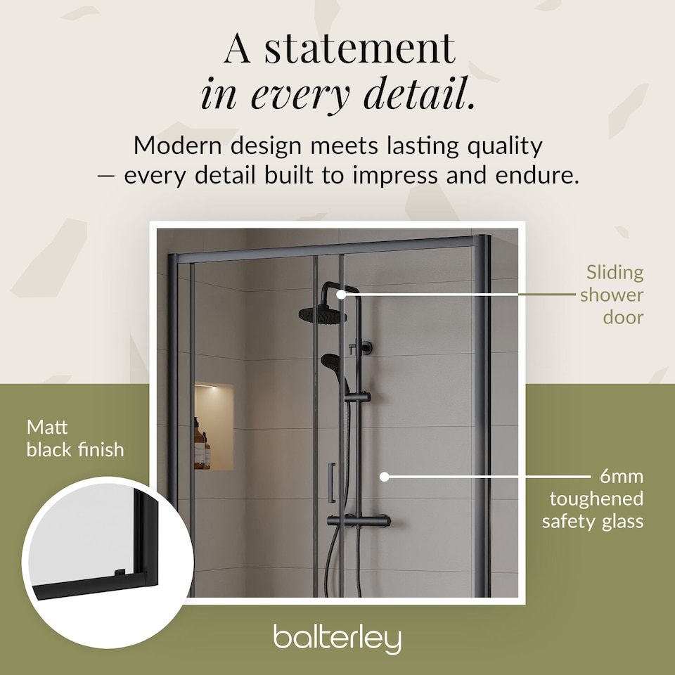 image 1 of Balterley Sliding Shower Suite with 6mm Safety Glass Door, Side Panel & 1400 x 700mm Shower Tray in Matt Black Frame | Black | Matt Black | 3