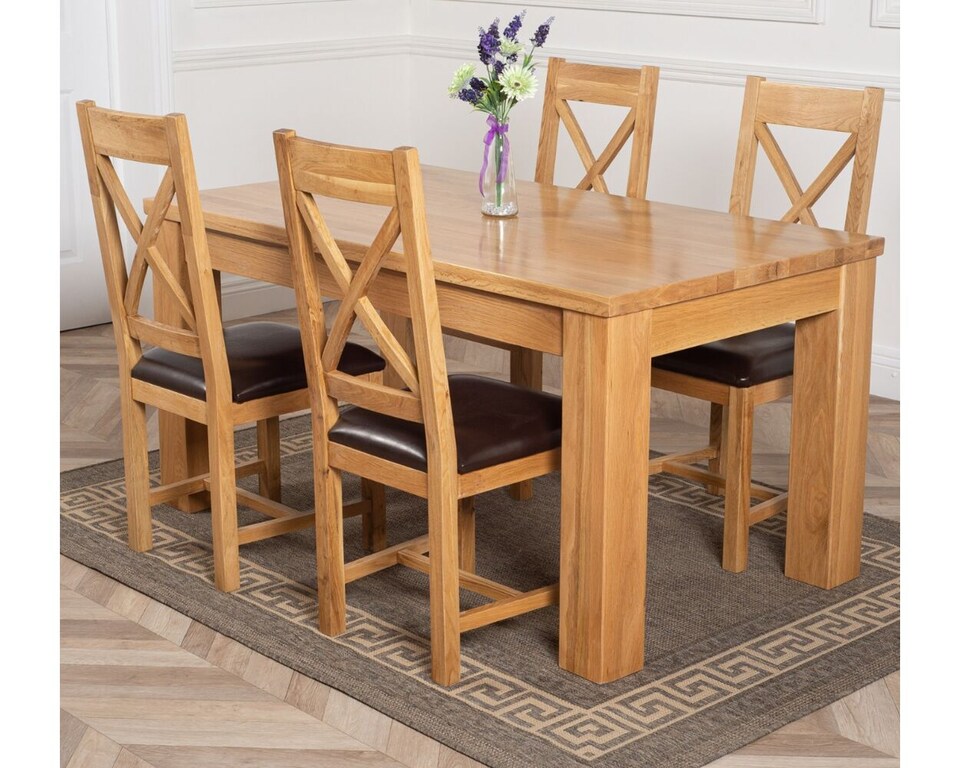 image 1 of Dakota 152 x 87cm Oak Dining Table and 4 Berkeley Brown Leather Chairs | Brown | Brown