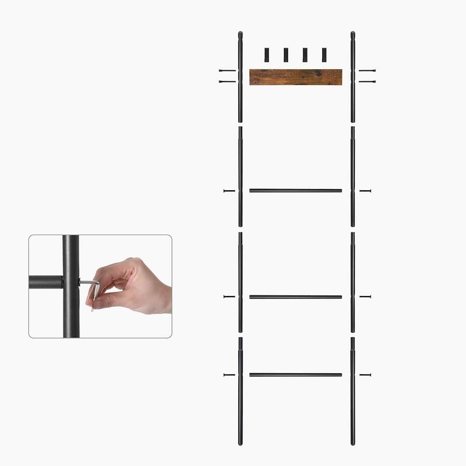 image 1 of Leaning Ladder Shelf with Towel Rack, 5-Tier Display Stand and Hooks, Space-Saving Storage, Rustic Brown and Black