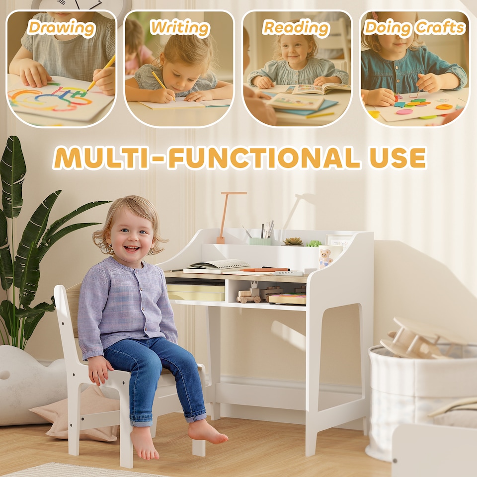 image 1 of AIYAPLAY Kids Desk and Chair Set, Children Study Table with Storage, Natural | White | Natural wood finish and white | Desk: 68H x 60W x 48D cm; Chair: 53H x 30W x 33.5D cm