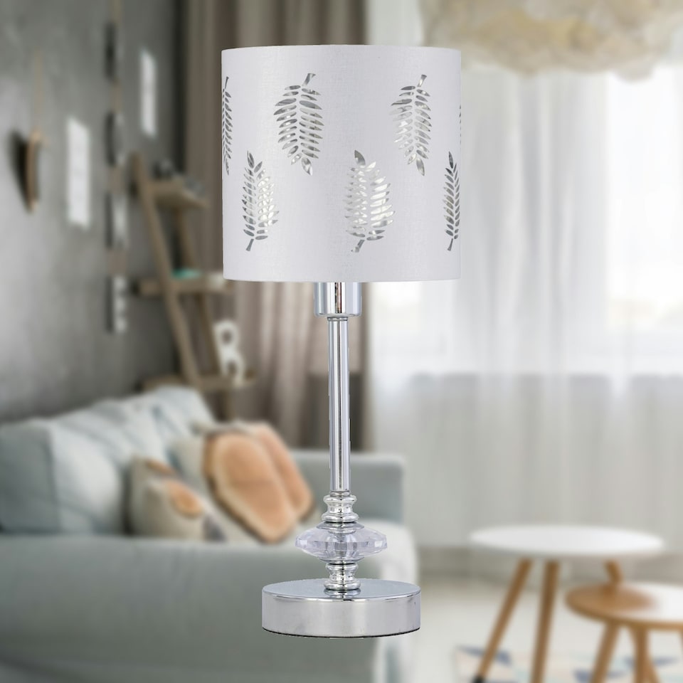 image 1 of Chrome Jewelled Table Lamp with White Fern Shade Chrome | White