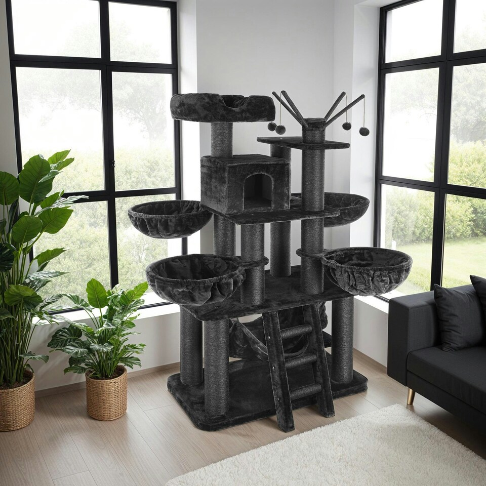 image 1 of Cat Tree Gismo - 195 cm tall, sisal cat scratching posts, toy balls and anti-tip | Black | black | 1