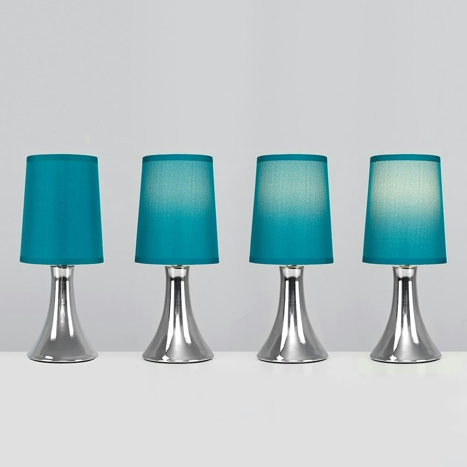 image 1 of ValueLights Modern Chrome Trumpet Touch Table Lamp With Turquoise Teal Fabric Shade