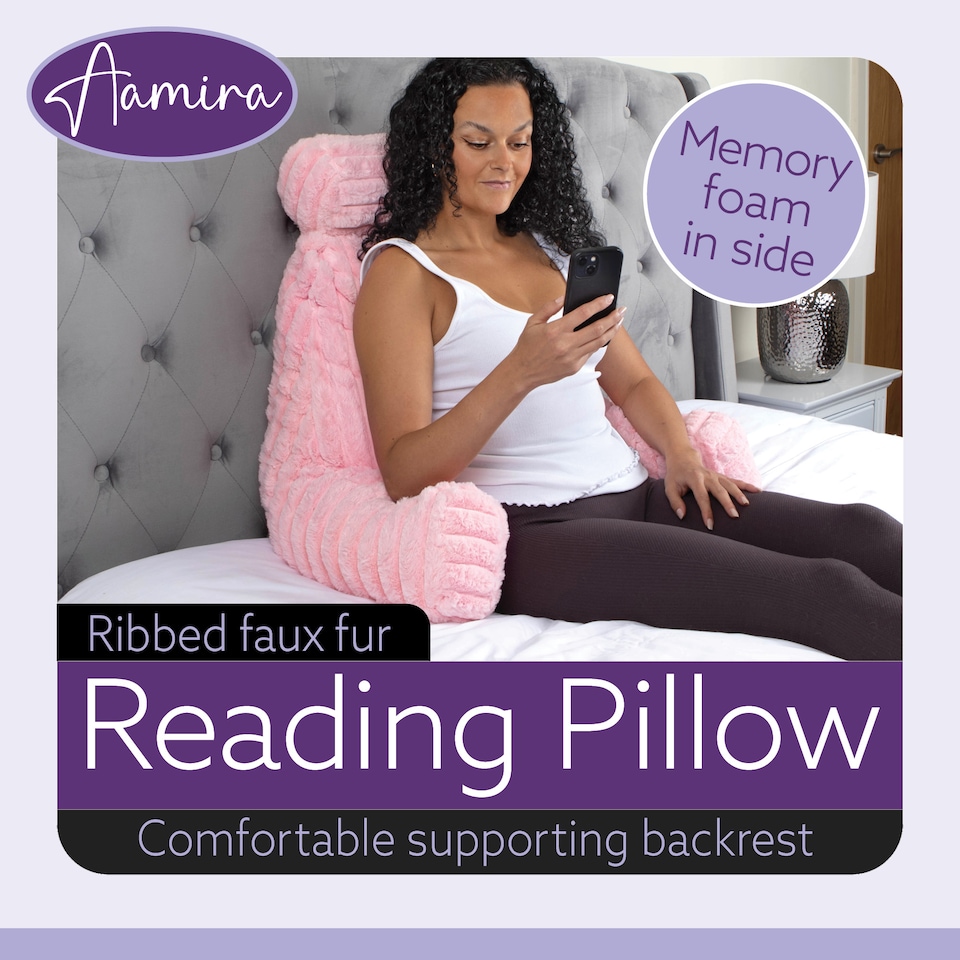 image 1 of Aamira Reading Pillow Pink Faux Fur Ribbed Memory Foam Support Cushion | Pink | Pink | Standard | 1