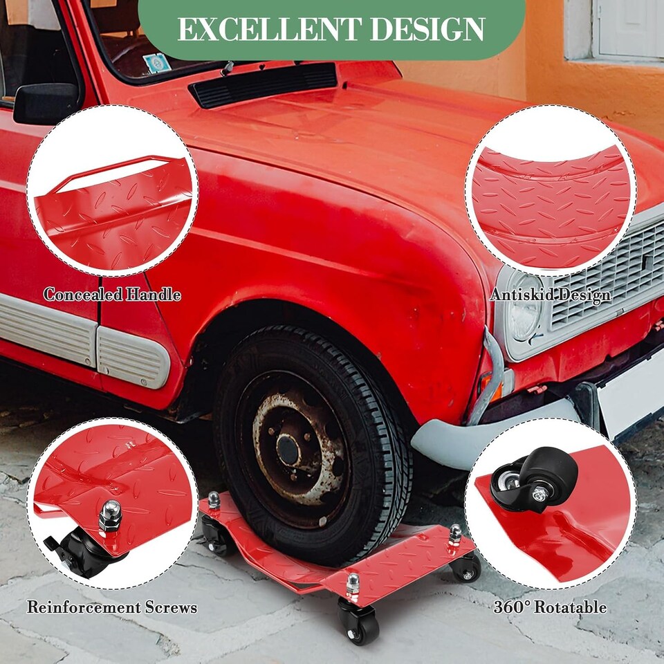 image 1 of London Boutique 4-Pack Heavy-Duty Car Dollies, 6000 lbs Capacity, 360° Swivel Nylon Wheels with Brakes for Cars, Red