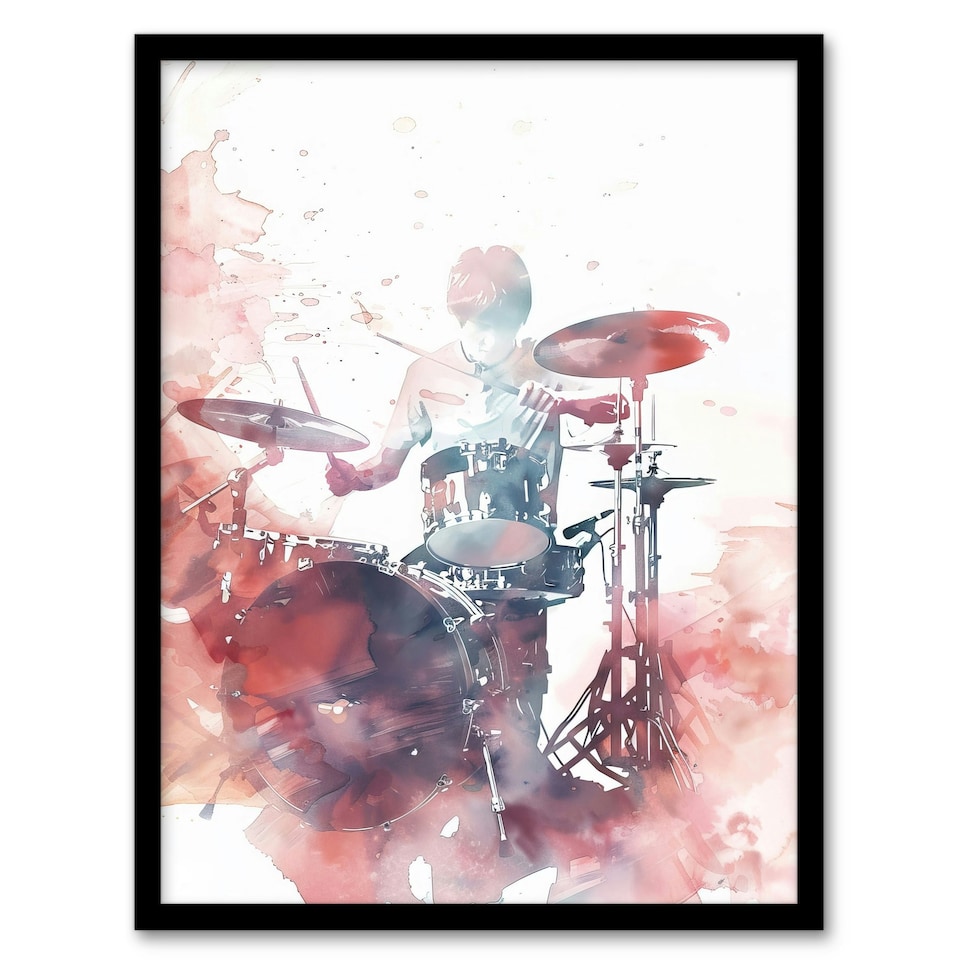 image 1 of Drummer Playing Drum Set Modern Watercolour Black Framed Wall Art Print A4