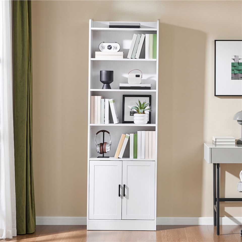 image 1 of Yaheetech 7-Tier Tall Bookcase with 2-Door Cabinet-White