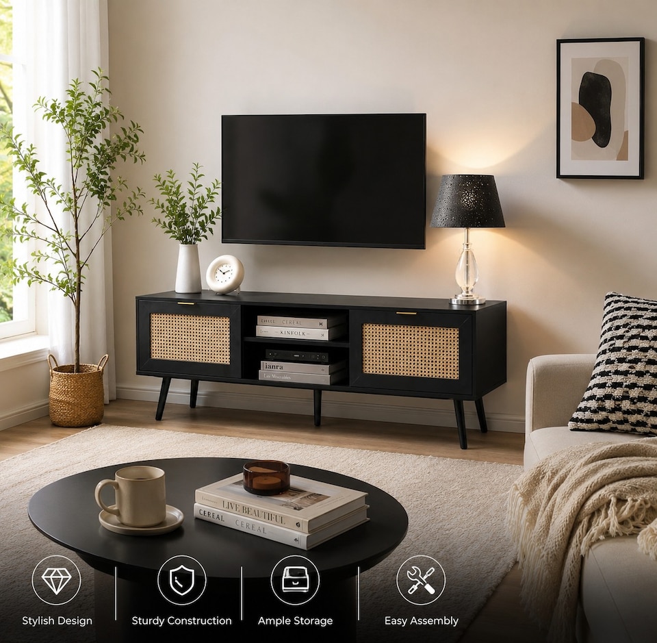 image 1 of Modern Black Rattan TV Stand Cabinet with Two Cupboards and Shelves TV Unit - W150 x D40 x H52cm