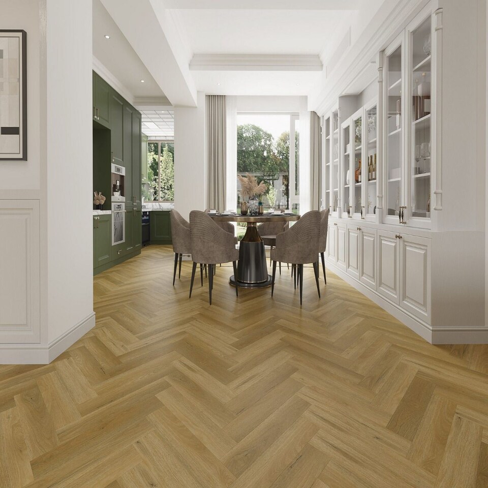 image 1 of Allo LH Golden Oak 8mm SPC Click LVT Flooring Herringbone Wood Effect, For Home & Commercial Use | Brown | Golden | Coverage per Pack: 1.75m² | 1