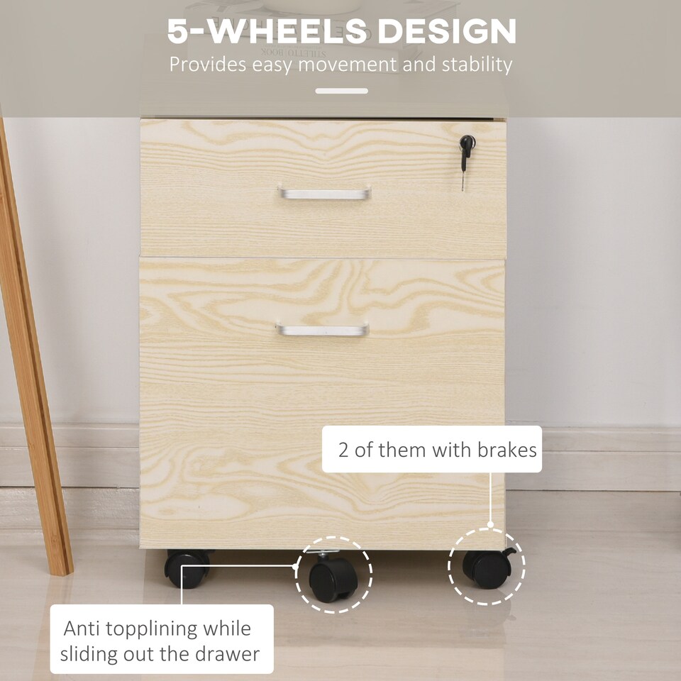 image 1 of Vinsetto 2-Drawer Locking Office Filing Cabinet w  5 Wheels Rolling Storage Hanging A4 Cupboard Home Organisation, Oak Wood Grain
