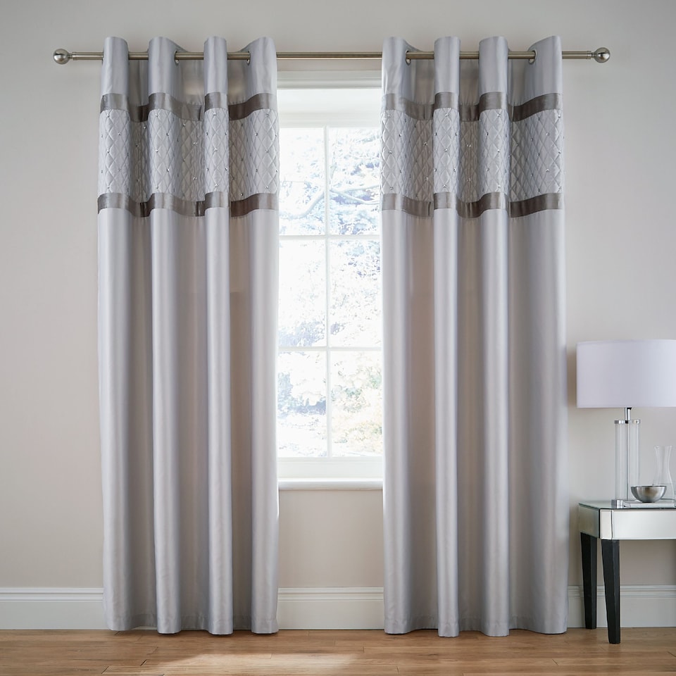 image 1 of Catherine Lansfield Sequin Cluster Lined Eyelet Curtains | Silver | Silver Grey