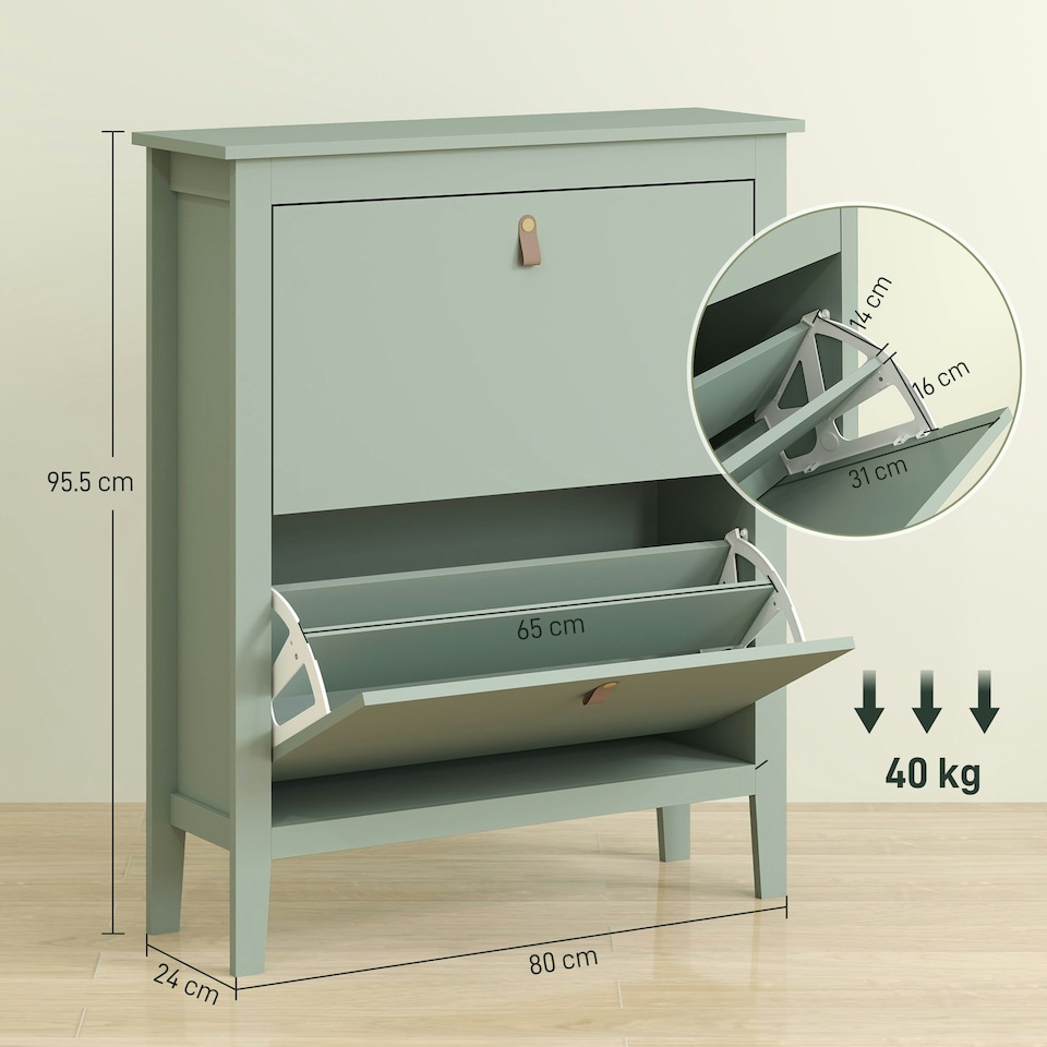 image 1 of HOMCOM 2 Drawer Shoe Cabinet with Flip Doors for Hallway, Entryway Green | 80W x 24D x 95.5H cm