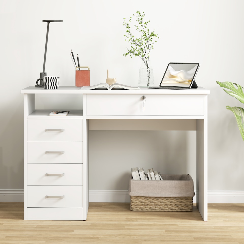 image 1 of HOMCOM Computer Desk, Home Office Desk with Lockable Drawer, Storage Shelf for Study Bedroom, 110 x 50 x 76 cm, White