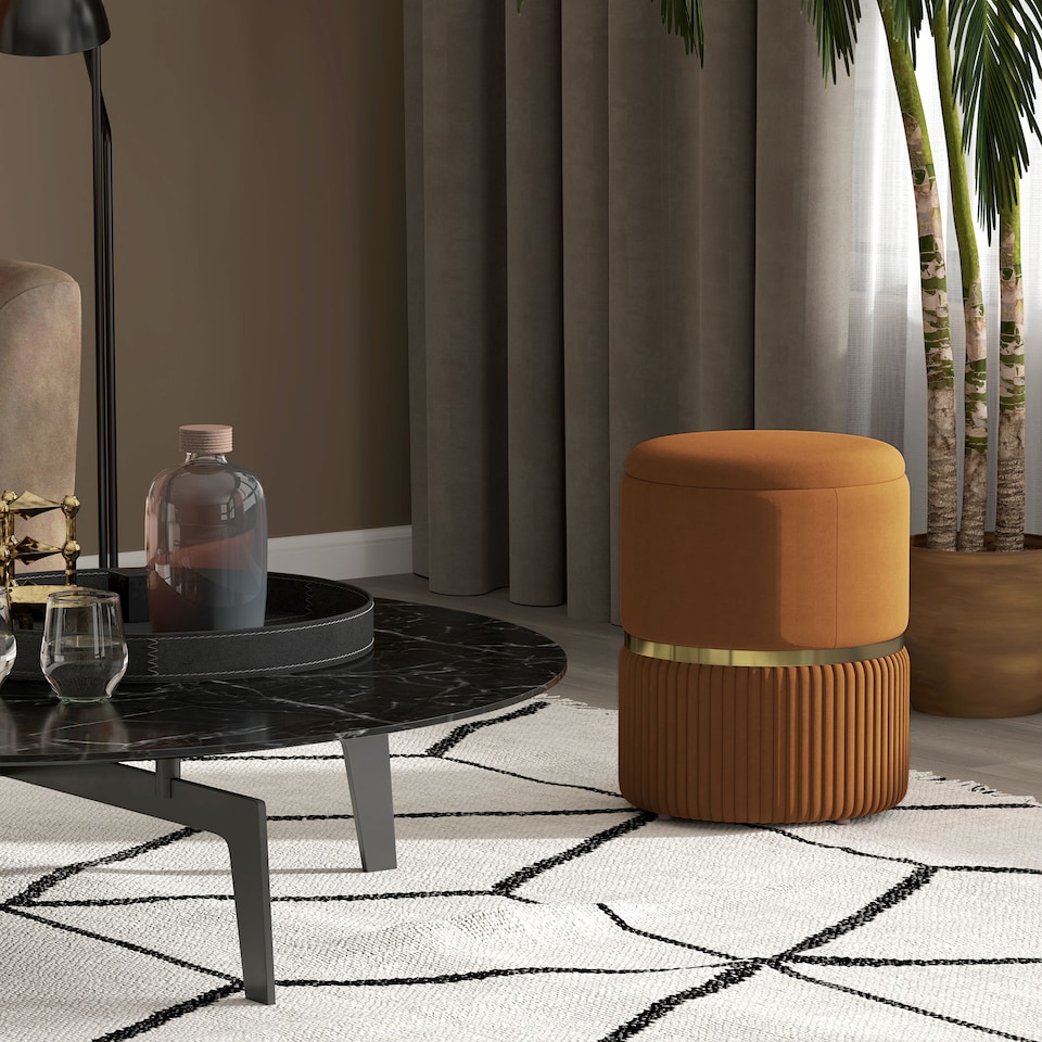 image 1 of HOMCOM Round Storage Stool, Velvet-feel Fabric Upholstered Vanity Stool with Removable Top, Padded Seat and Hidden Space for Living Room, Bedroom, Light Brown | Brown | Light Brown