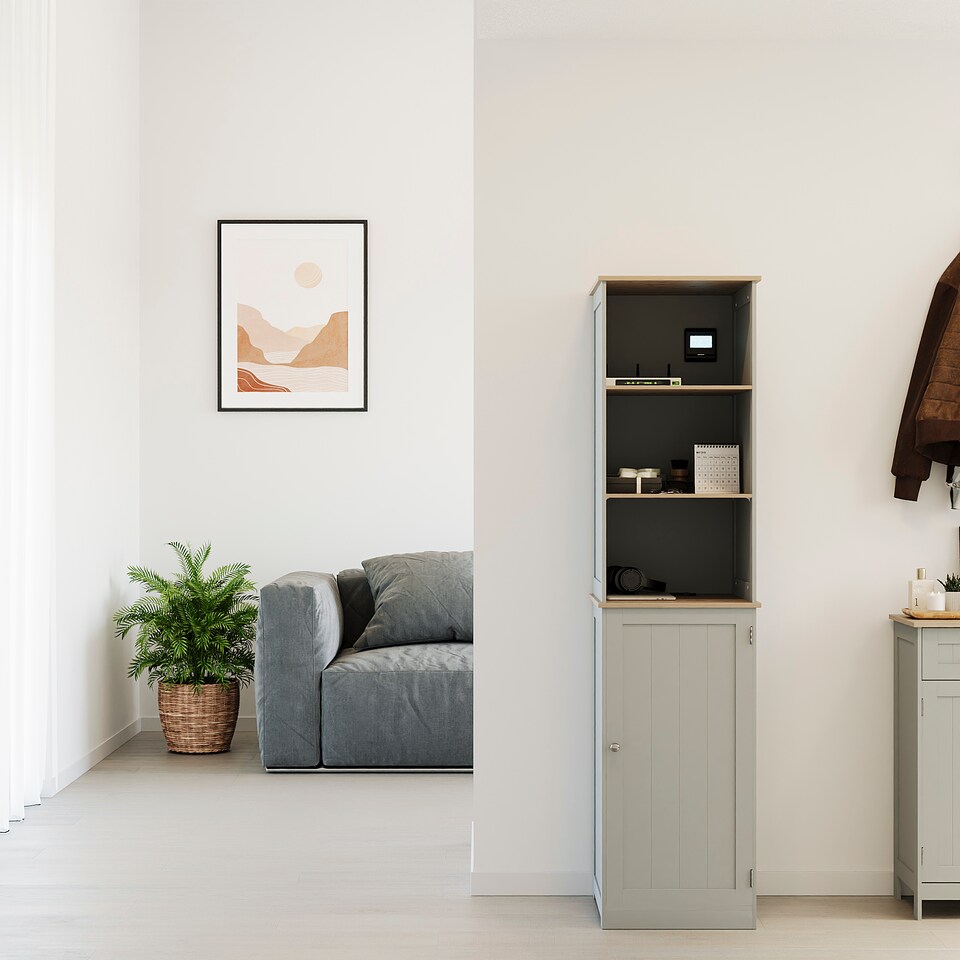 image 1 of Bath Vida Priano 1 Door 2 Shelf Tall Bathroom Cabient, Grey & Oak