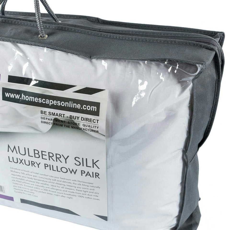 image 1 of Homescapes Pure Mulberry Silk Blend Pillow Pair with Cotton Casing | White | 48cm x 74cm (19" x 29")