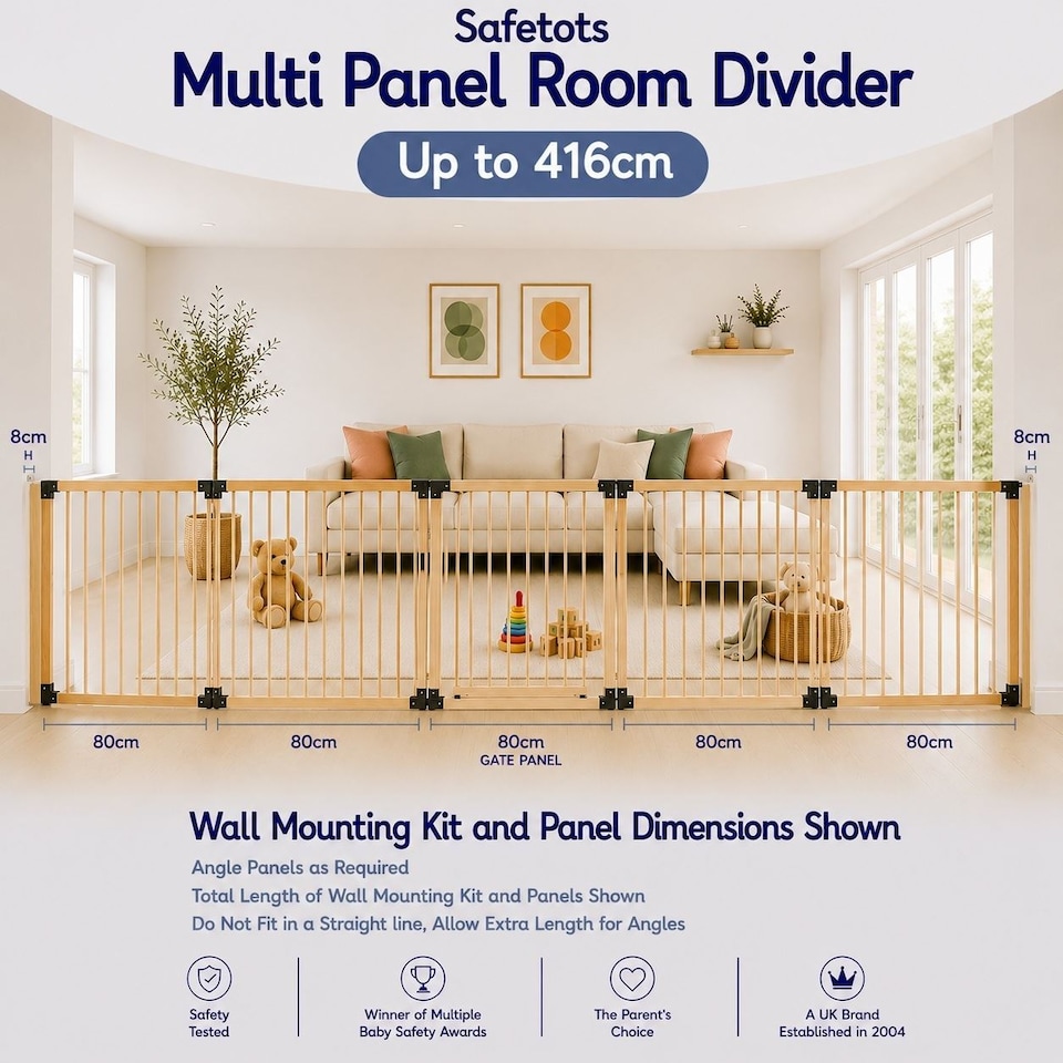 image 1 of Safetots Wooden Multi Panel Room Divider, up to 416cm, Natural Wood, 76cm Tall, Flexible Room Divider for Baby and Toddler | Cream | Natural