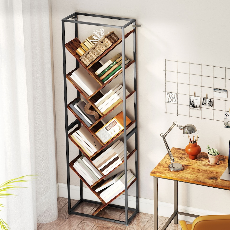 image 1 of HOMCOM Tree Bookshelf, 10 Tier Floor Standing Bookcase, Industrial Tall Display Storage Shelving Unit for Living Room, Home Office, Bedroom, Rustic Brown and Black | Black | Rustic Brown and Black