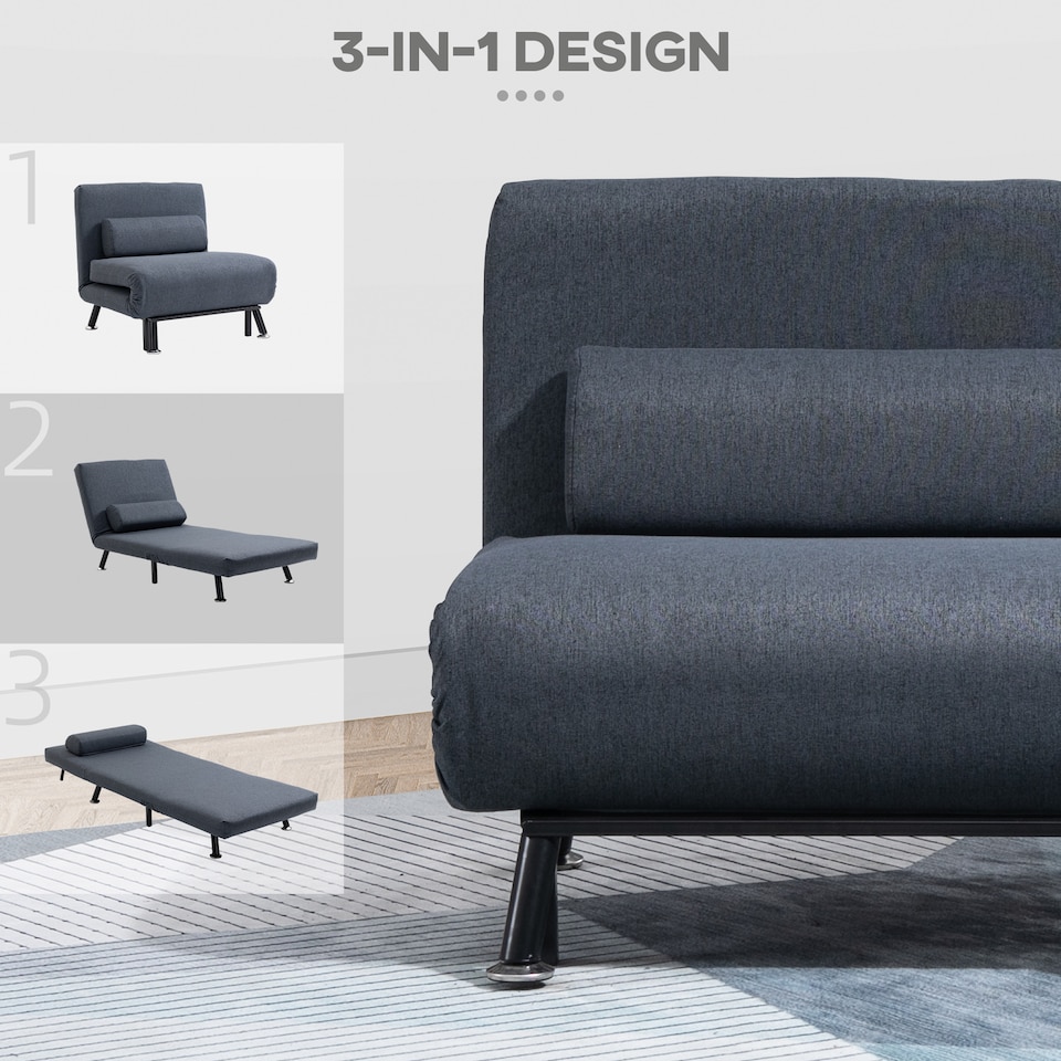 image 1 of HOMCOM Folding 5 Position Convertible Sleeper Chair Sofa Bed Dark Grey