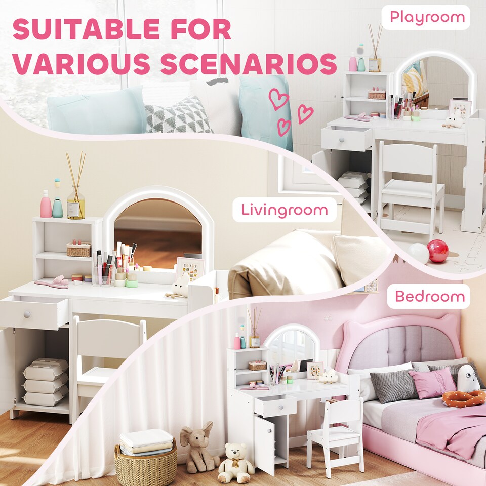 image 1 of AIYAPLAY Kids Vanity Table and Chair Set, Girls Dressing Table with 2-Colour LED Mirror, Stool, Cabinet, Drawer, Bookshelf and Shelves for Ages 3-8 Years | White