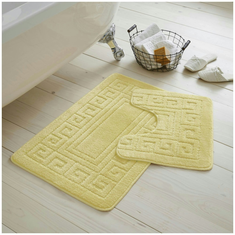 image 1 of VELVETIO Greek Bath Mat & Pedestal Mat Water Absorbent Non Slip Toilet Rugs Yellow | Lemon