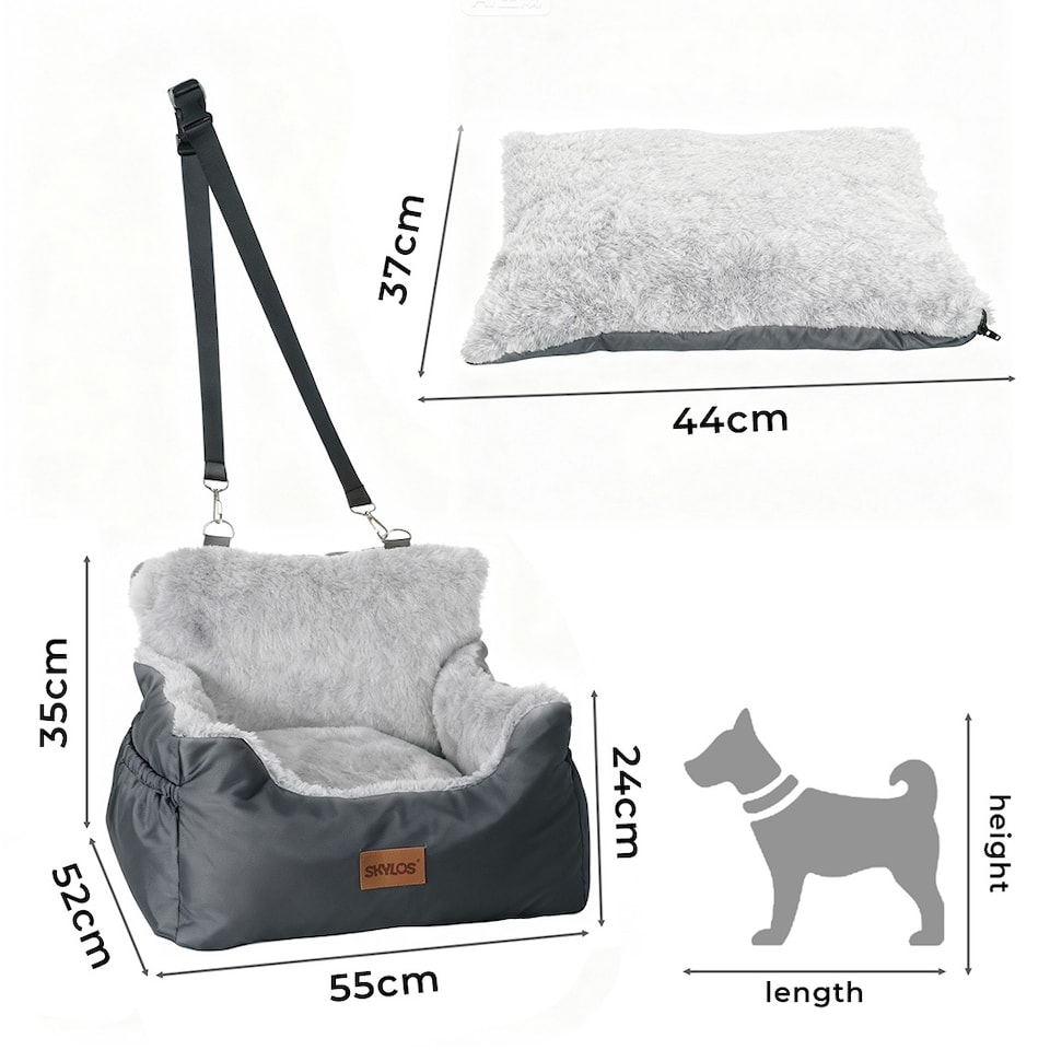 image 1 of Skylos Dog Car Seat Bed Pet Booster Travel Carrier with Safety Leash | Grey | Grey | 1