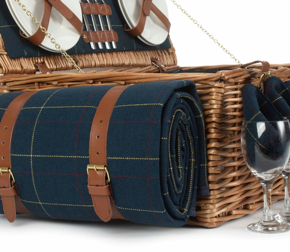 image 1 of 4 Person Blue Tweed Fitted Picnic Basket