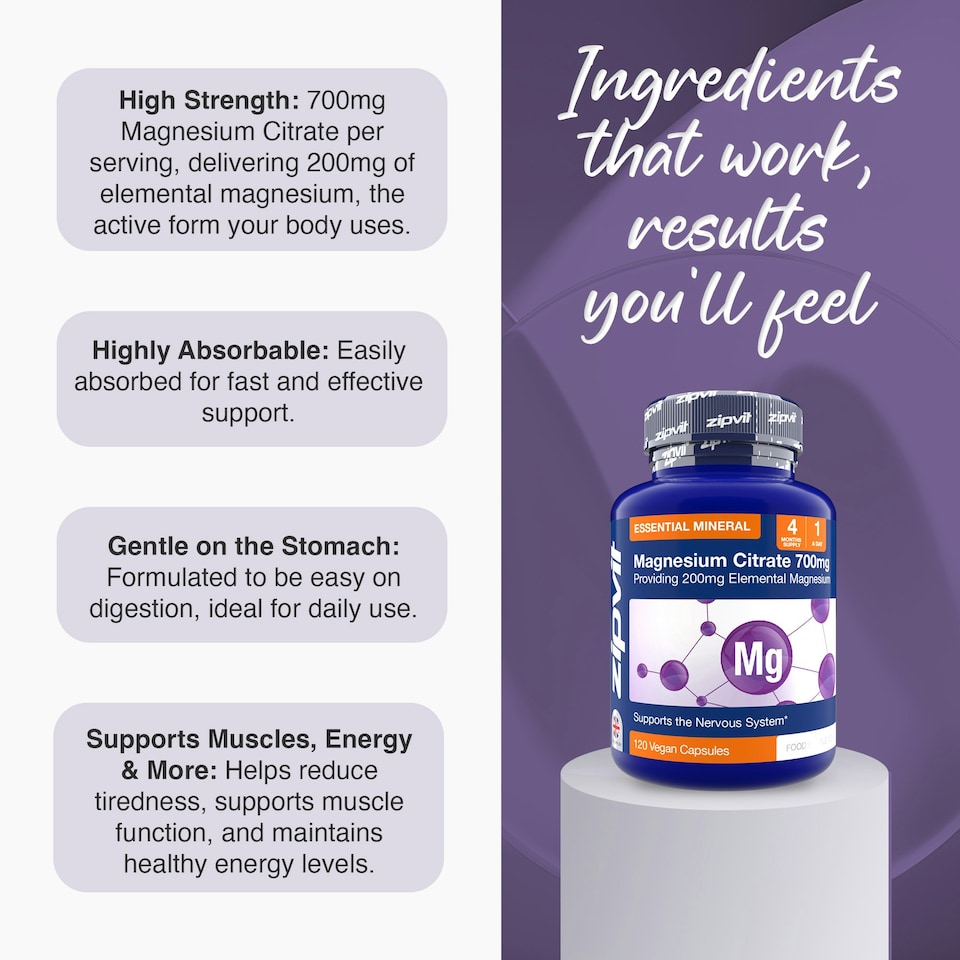 image 1 of Zipvit Magnesium Citrate 700mg – Energy, Muscle & Bone Support, 120 Vegan Capsules, 4-Month Supply