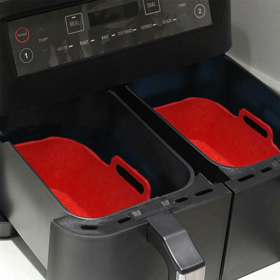 image 1 of SPARES2GO Rectangular Non-Stick Silicone Basket Drawer Liners for Air Fryer (Pack of 2, Red)